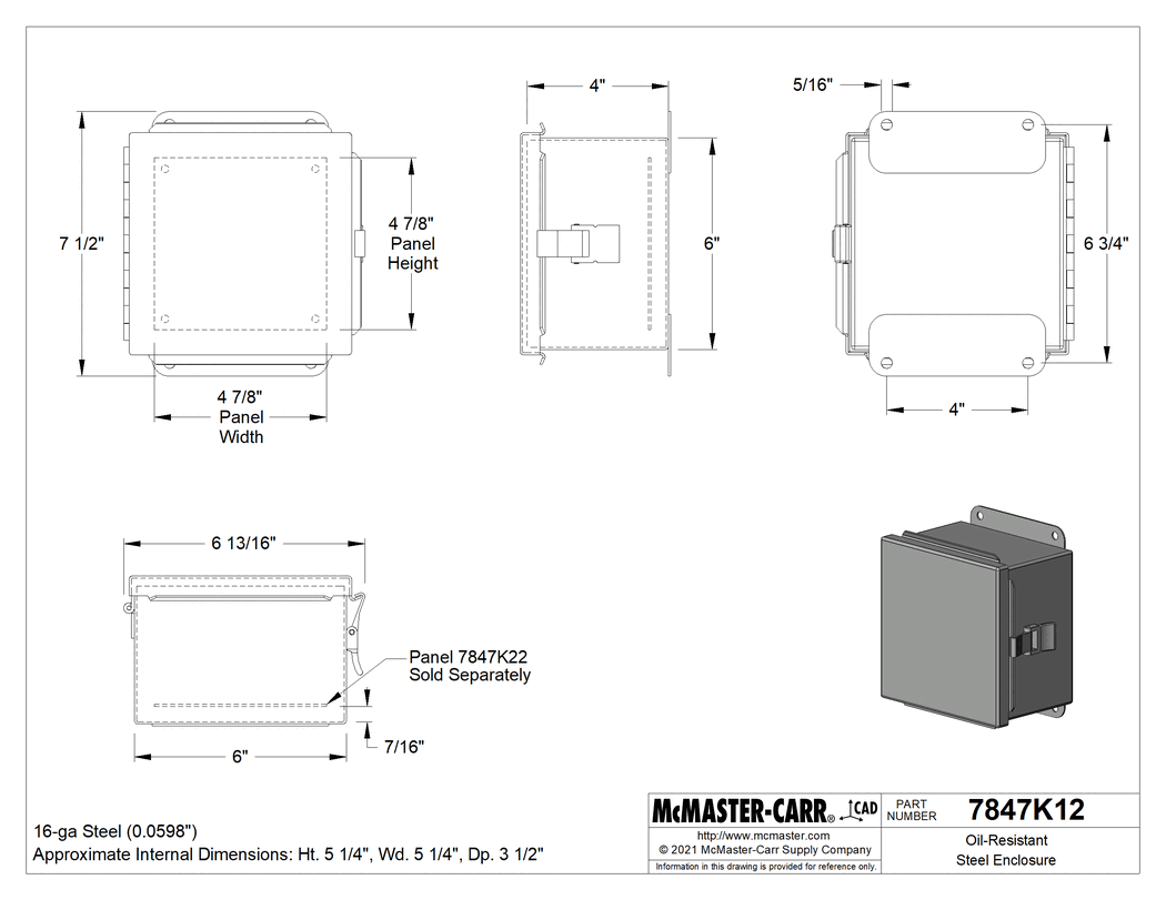 Technical Drawing of Oil-Resistant Steel Enclosure, with Hinged Cover and Quick-Release Latch, 6" x 6" x 4".